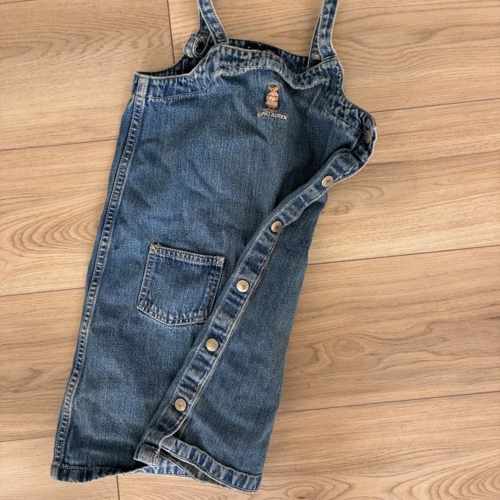Vintage Ralph Lauren Polo Bear Denim Jumper Dress Kids 6X Blue Snap Side Pocket